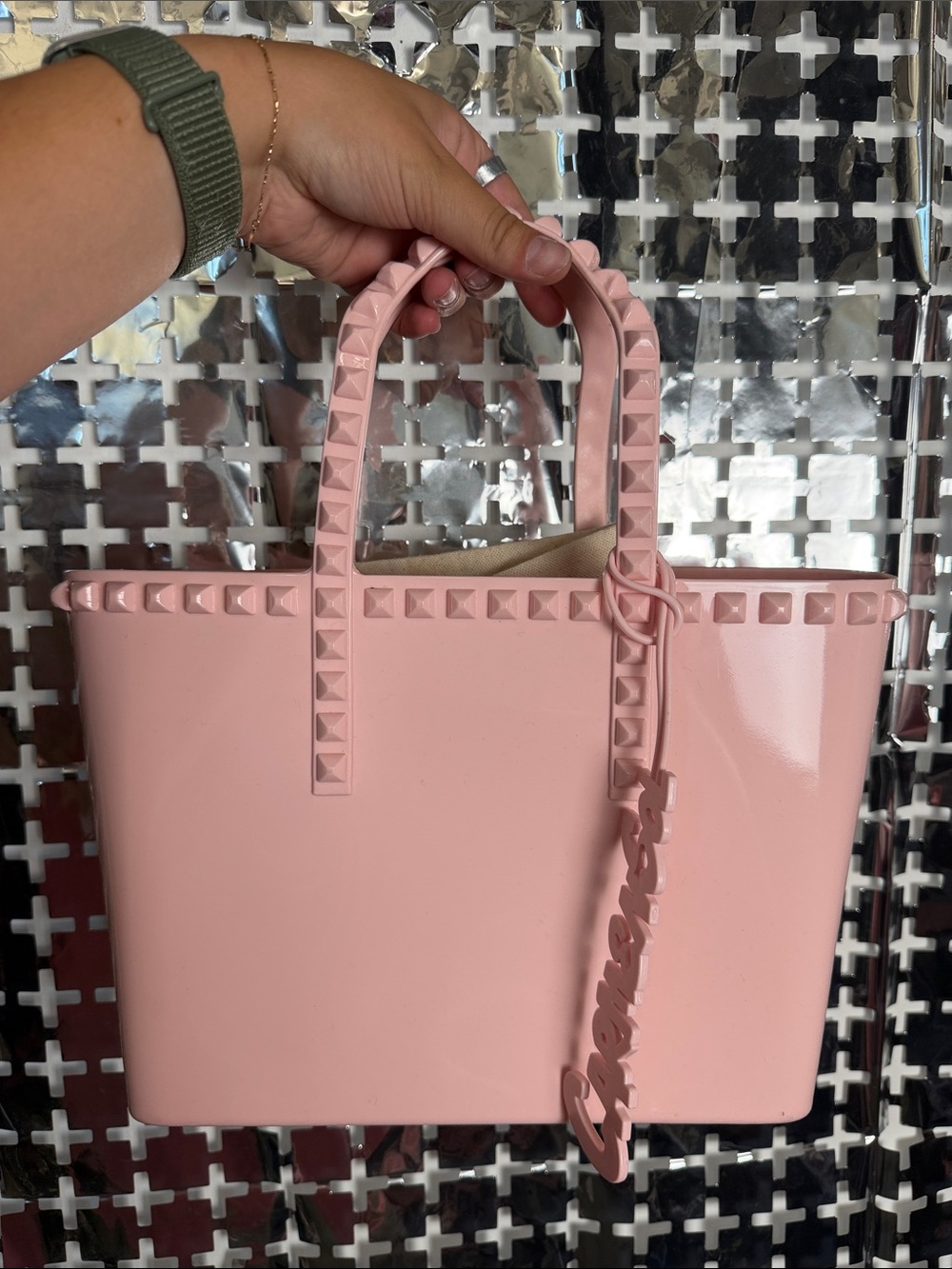 Carmen Sol Mini Pink Studded Tote with Charm Accent